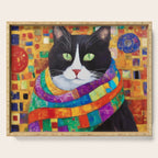 Gustav Klimt Style Cat with Green Eyes and a Colorful Scarf Serving Tray Gallery Image 1