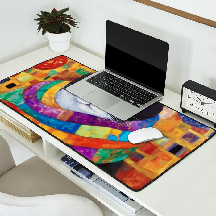 Gustav Klimt Style Cat with Green Eyes and a Colorful Scarf Desk Mat Gallery Image 2