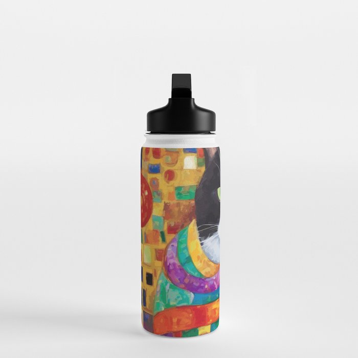 Gustav Klimt Style Cat with Green Eyes and a Colorful Scarf Water Bottle Gallery Image 3