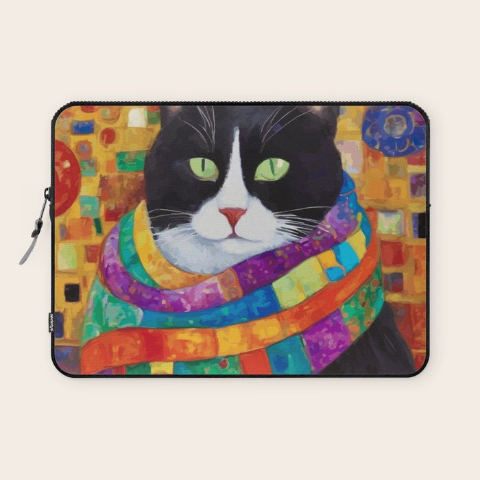 Gustav Klimt Style Cat with Green Eyes and a Colorful Scarf Laptop Sleeve Gallery Image 1