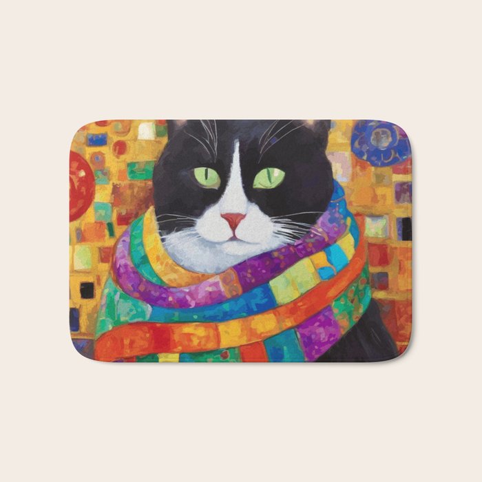 Gustav Klimt Style Cat with Green Eyes and a Colorful Scarf Bath Mat Gallery Image 1