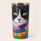 Gustav Klimt Style Cat with Green Eyes and a Colorful Scarf Travel Mug Gallery Image 1