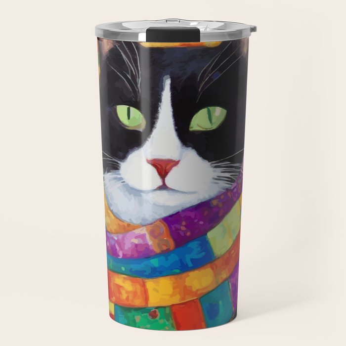 Gustav Klimt Style Cat with Green Eyes and a Colorful Scarf Travel Mug Gallery Image 1
