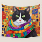 Gustav Klimt Style Cat with Green Eyes and a Colorful Scarf Wall Tapestry Gallery Image 4