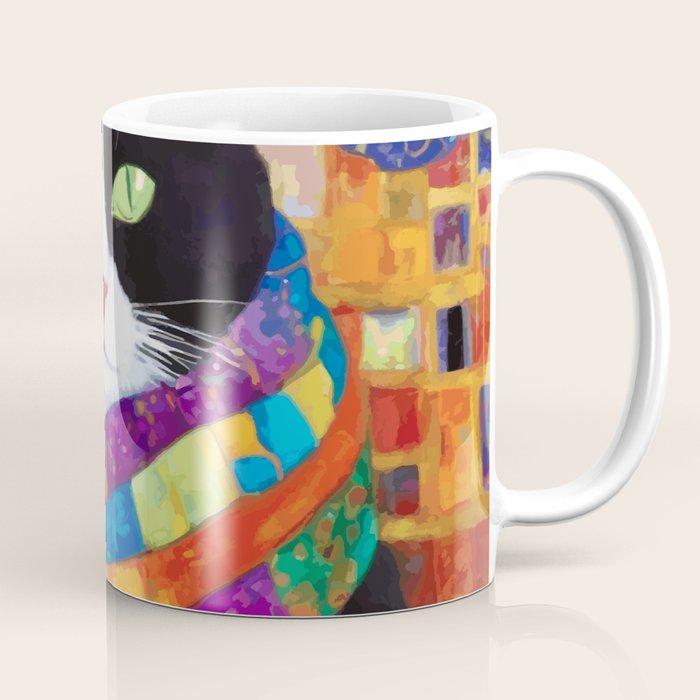 Gustav Klimt Style Cat with Green Eyes and a Colorful Scarf Coffee Mug Gallery Image 1