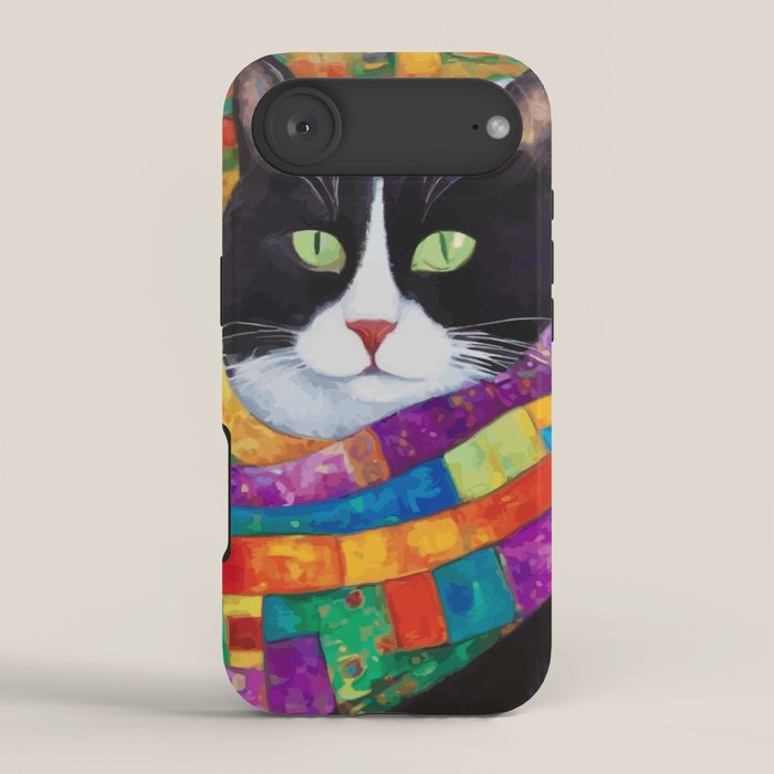Gustav Klimt Style Cat with Green Eyes and a Colorful Scarf iPhone Case Gallery Image 2