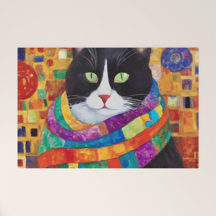 Gustav Klimt Style Cat with Green Eyes and a Colorful Scarf Welcome Mat Gallery Image 1