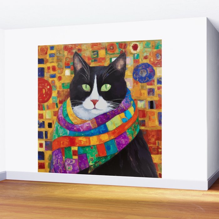 Gustav Klimt Style Cat with Green Eyes and a Colorful Scarf Wall Mural Gallery Image 2