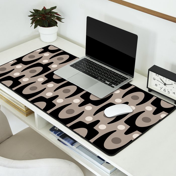 Mid Century Modern Abstract Pattern 755 Black and Beige Desk Mat Gallery Image 2