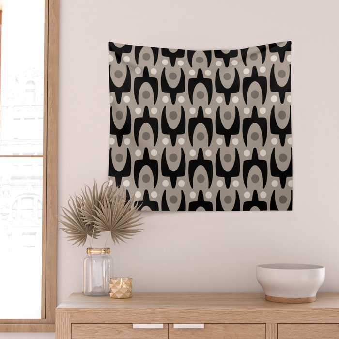Mid Century Modern Abstract Pattern 755 Black and Beige Wall Tapestry Gallery Image 2