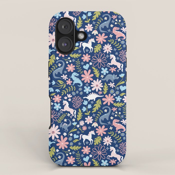 Dinosaur + Unicorn on Royal Blue iPhone Case Gallery Image 1