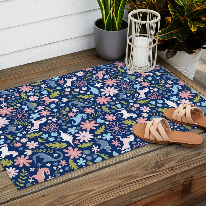 Dinosaur + Unicorn on Royal Blue Outdoor Rug Gallery Image 2
