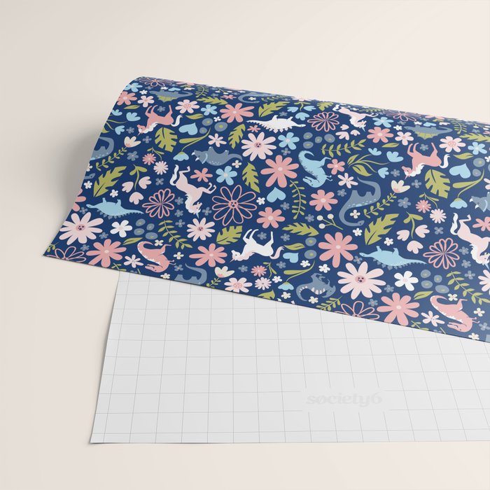 Dinosaur + Unicorn on Royal Blue Wrapping Paper Gallery Image 2