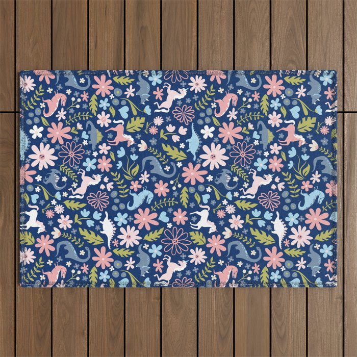 Dinosaur + Unicorn on Royal Blue Outdoor Rug Gallery Image 1