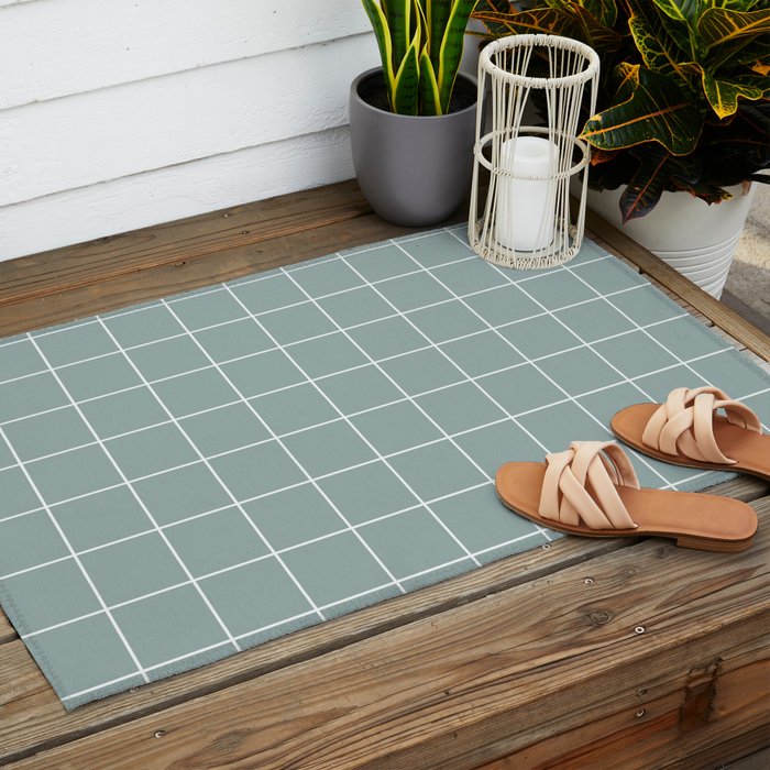 Sage Green Retro Grid Pattern Outdoor Rug Gallery Image 2