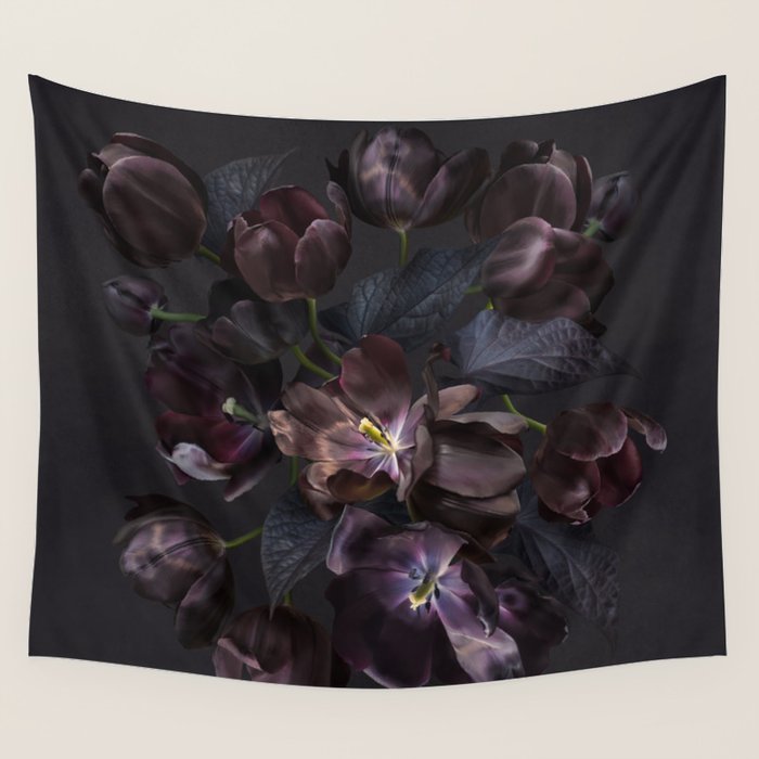 Black tulips on dark background Wall Tapestry