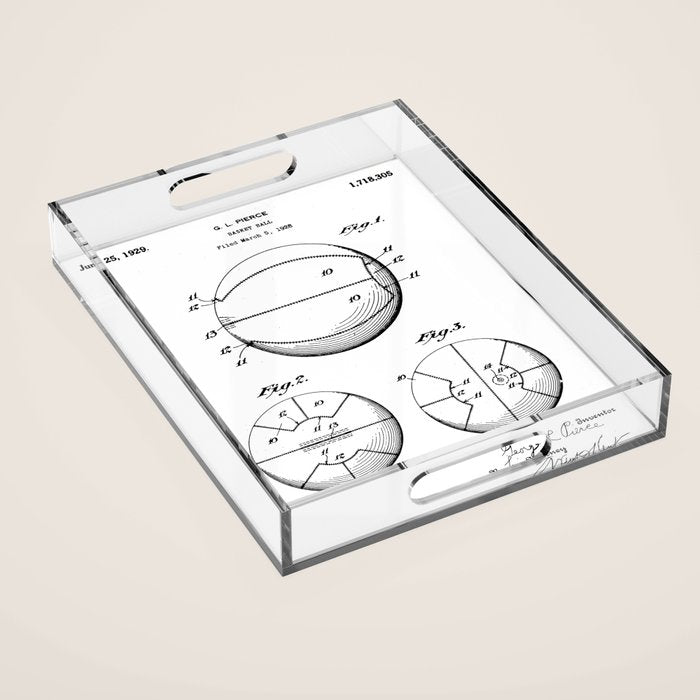 Basketball Patent - Sports Fan Team Coach Art - White Acrylic Tray Gallery Image 1