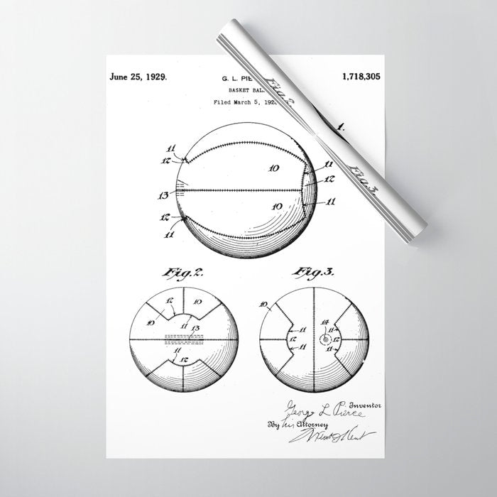 Basketball Patent - Sports Fan Team Coach Art - White Wrapping Paper Gallery Image 1