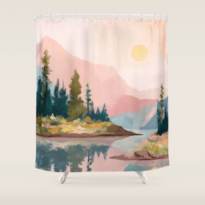 Pastel Mountain Lake Shower Curtain Gallery Image 1