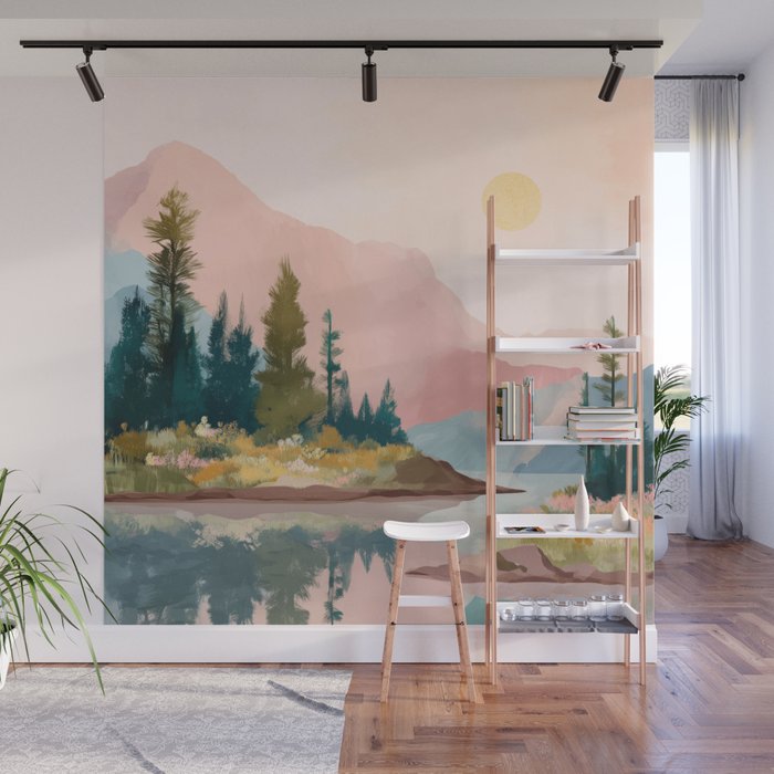 Pastel Mountain Lake Wall Mural Gallery Image 1