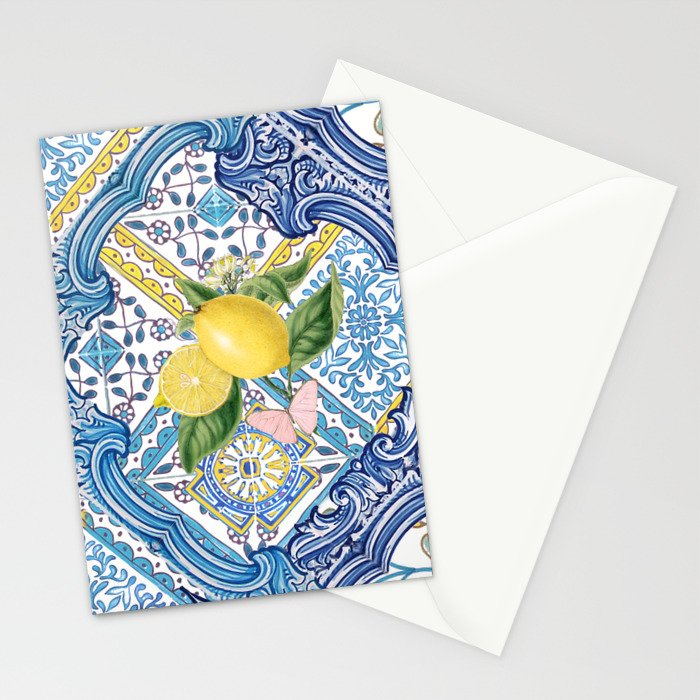 Sicilian Limones, italian mediterranean citrus fruit maiolica blue tiles Stationery Card Gallery Image 2