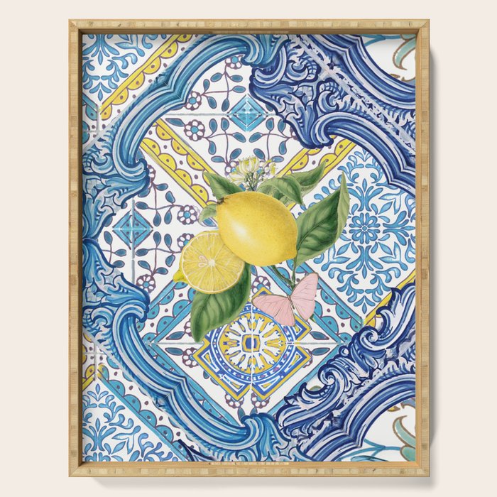 Sicilian Limones, italian mediterranean citrus fruit maiolica blue tiles Serving Tray Gallery Image 1