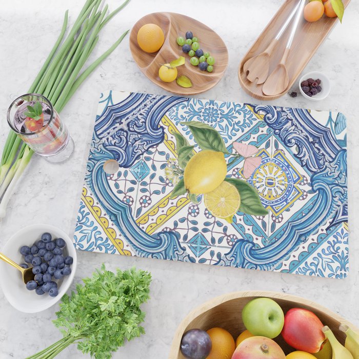 Sicilian Limones, italian mediterranean citrus fruit maiolica blue tiles Cutting Board Gallery Image 2