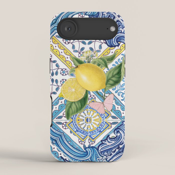 Sicilian Limones, italian mediterranean citrus fruit maiolica blue tiles iPhone Case Gallery Image 2
