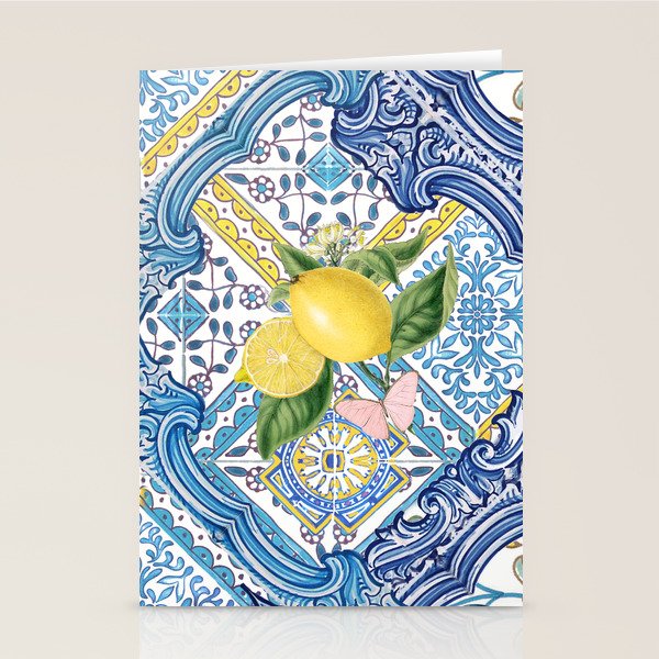 Sicilian Limones, italian mediterranean citrus fruit maiolica blue tiles Stationery Card Gallery Image 2