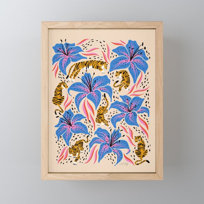 Tigers & Tiger Lilies - Blue & Yellow Mini Art Print Gallery Image 1