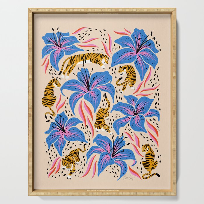 Tigers & Tiger Lilies - Blue & Yellow Serving Tray Gallery Image 1