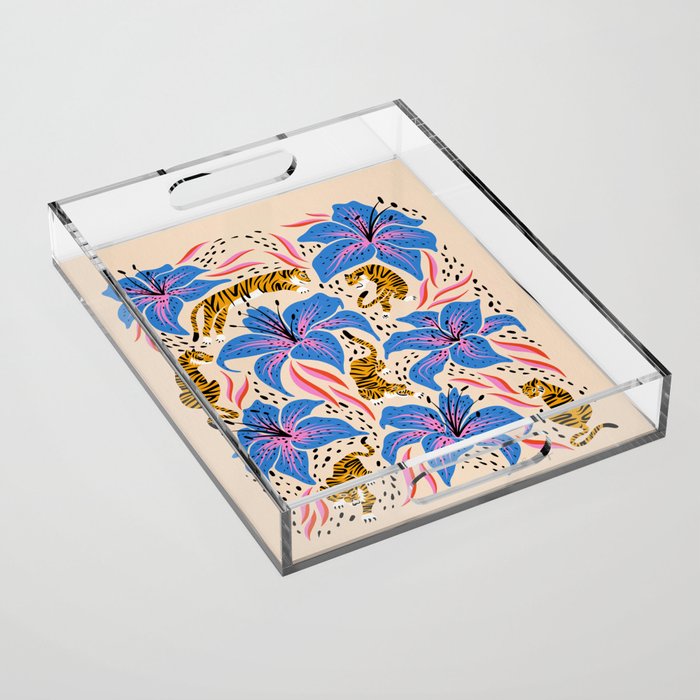 Tigers & Tiger Lilies - Blue & Yellow Acrylic Tray Gallery Image 1
