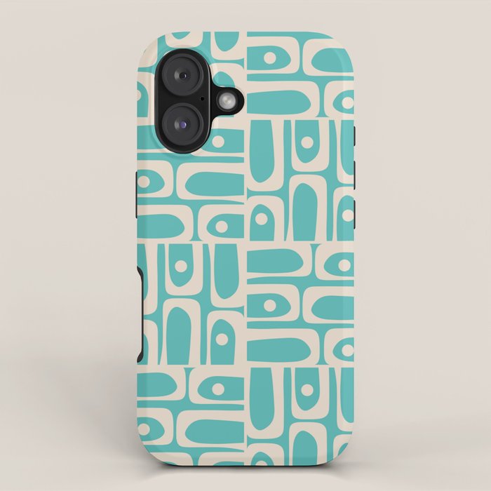 Mid Century Modern Piquet Geometric Multi Pattern in Aqua Turquoise Teal and Cream Beige iPhone Case Gallery Image 1