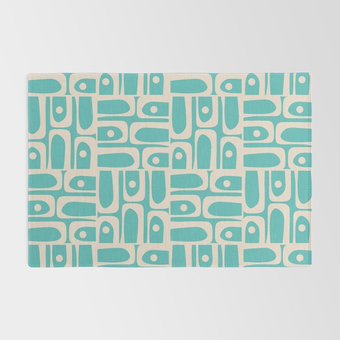 Mid Century Modern Piquet Geometric Multi Pattern in Aqua Turquoise Teal and Cream Beige Rug Gallery Image 2