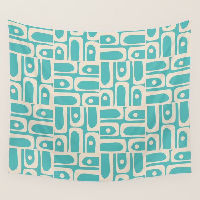 Mid Century Modern Piquet Geometric Multi Pattern in Aqua Turquoise Teal and Cream Beige Wall Tapestry Gallery Image 4