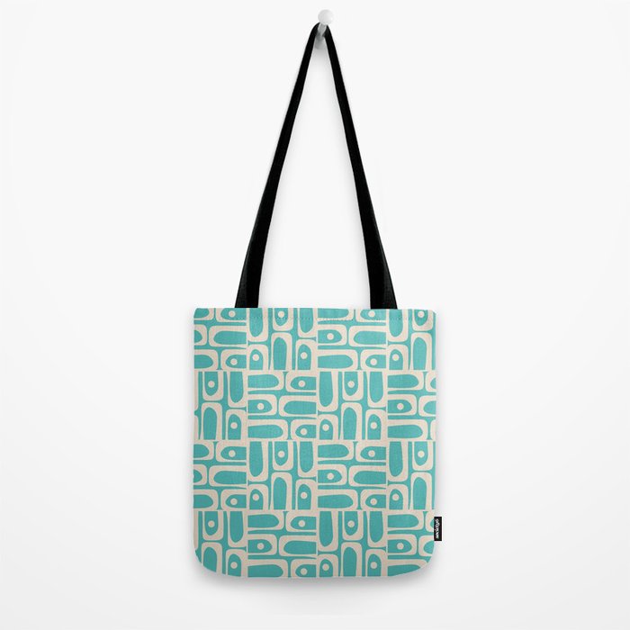 Mid Century Modern Piquet Geometric Multi Pattern in Aqua Turquoise Teal and Cream Beige Tote Bag Gallery Image 2