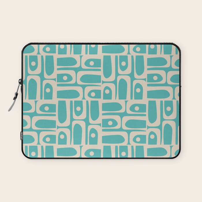 Mid Century Modern Piquet Geometric Multi Pattern in Aqua Turquoise Teal and Cream Beige Laptop Sleeve Gallery Image 1