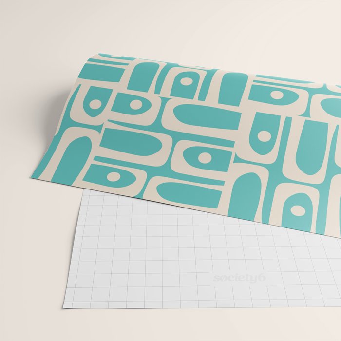 Mid Century Modern Piquet Geometric Multi Pattern in Aqua Turquoise Teal and Cream Beige Wrapping Paper Gallery Image 2