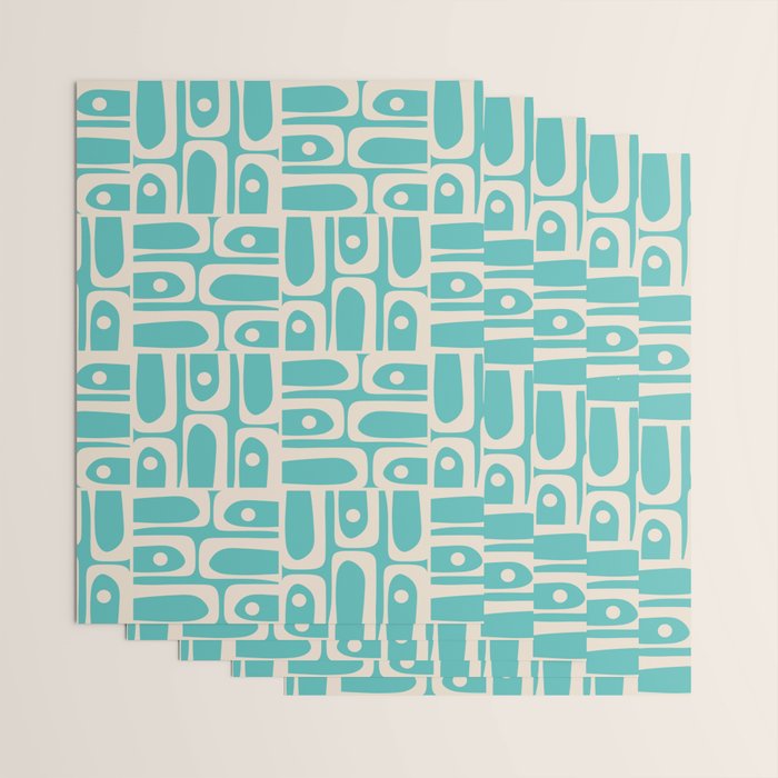 Mid Century Modern Piquet Geometric Multi Pattern in Aqua Turquoise Teal and Cream Beige Wrapping Paper Gallery Image 3