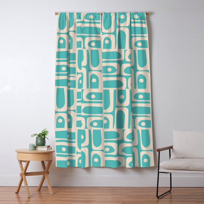 Mid Century Modern Piquet Geometric Multi Pattern in Aqua Turquoise Teal and Cream Beige Window Curtain Gallery Image 1
