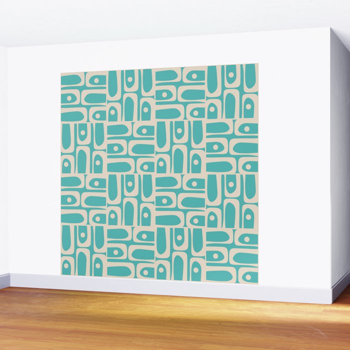 Mid Century Modern Piquet Geometric Multi Pattern in Aqua Turquoise Teal and Cream Beige Wall Mural Gallery Image 2