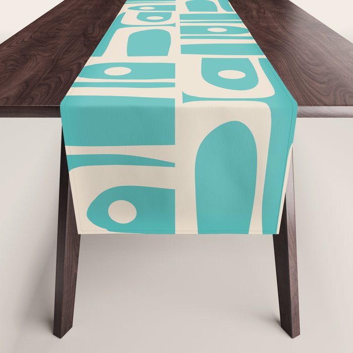 Mid Century Modern Piquet Geometric Multi Pattern in Aqua Turquoise Teal and Cream Beige Table Runner Gallery Image 1