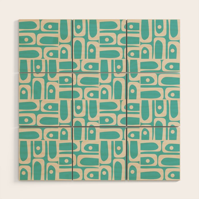 Mid Century Modern Piquet Geometric Multi Pattern in Aqua Turquoise Teal and Cream Beige Wood Wall Art Gallery Image 1
