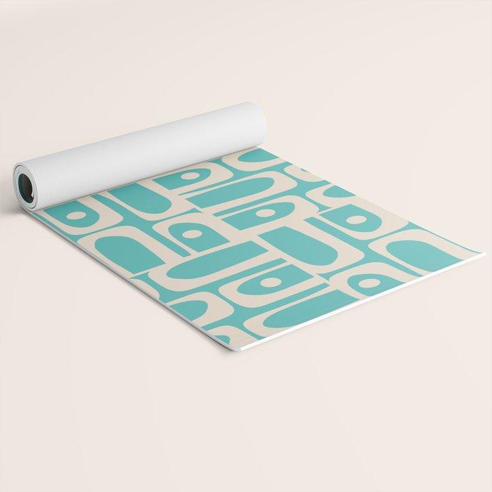 Mid Century Modern Piquet Geometric Multi Pattern in Aqua Turquoise Teal and Cream Beige Yoga Mat Gallery Image 2