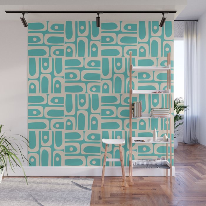 Mid Century Modern Piquet Geometric Multi Pattern in Aqua Turquoise Teal and Cream Beige Wall Mural Gallery Image 1