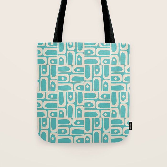 Mid Century Modern Piquet Geometric Multi Pattern in Aqua Turquoise Teal and Cream Beige Tote Bag Gallery Image 1