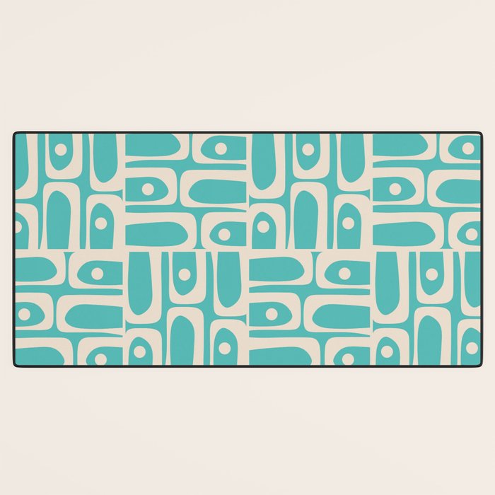 Mid Century Modern Piquet Geometric Multi Pattern in Aqua Turquoise Teal and Cream Beige Desk Mat Gallery Image 3