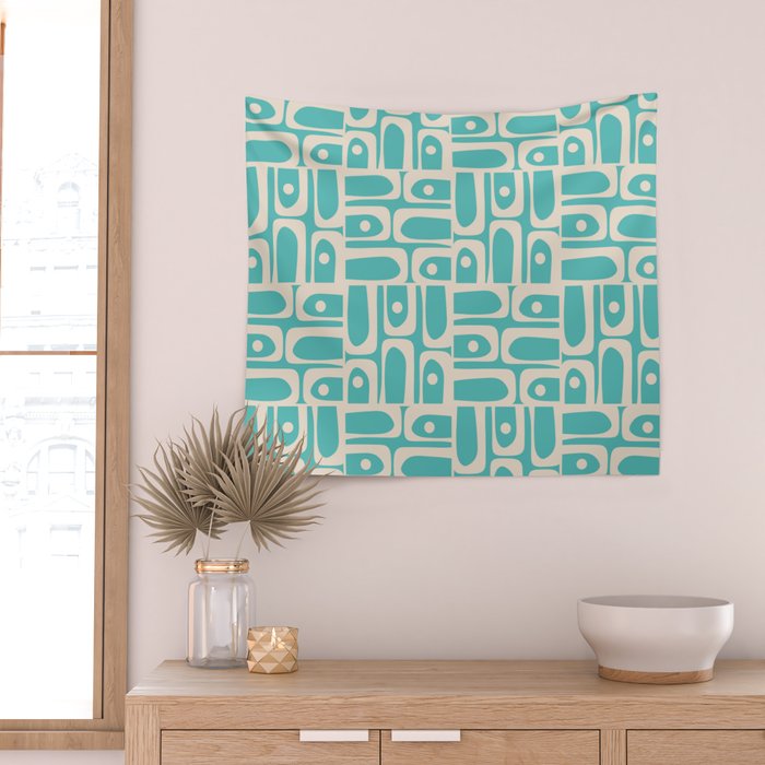 Mid Century Modern Piquet Geometric Multi Pattern in Aqua Turquoise Teal and Cream Beige Wall Tapestry Gallery Image 2