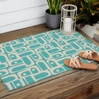 Mid Century Modern Piquet Geometric Multi Pattern in Aqua Turquoise Teal and Cream Beige Outdoor Rug Gallery Image 2