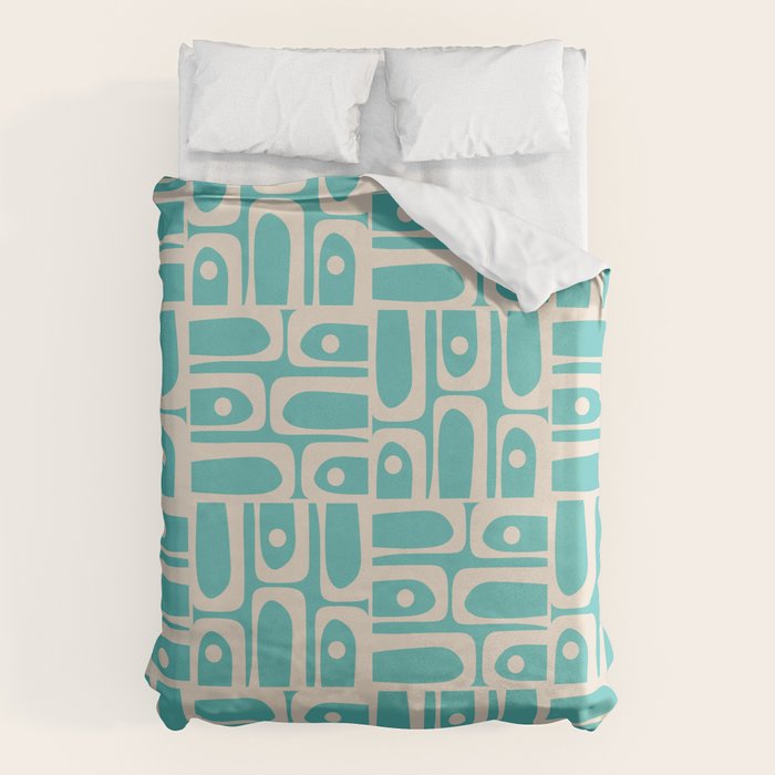 Mid Century Modern Piquet Geometric Multi Pattern in Aqua Turquoise Teal and Cream Beige Duvet Cover Gallery Image 6
